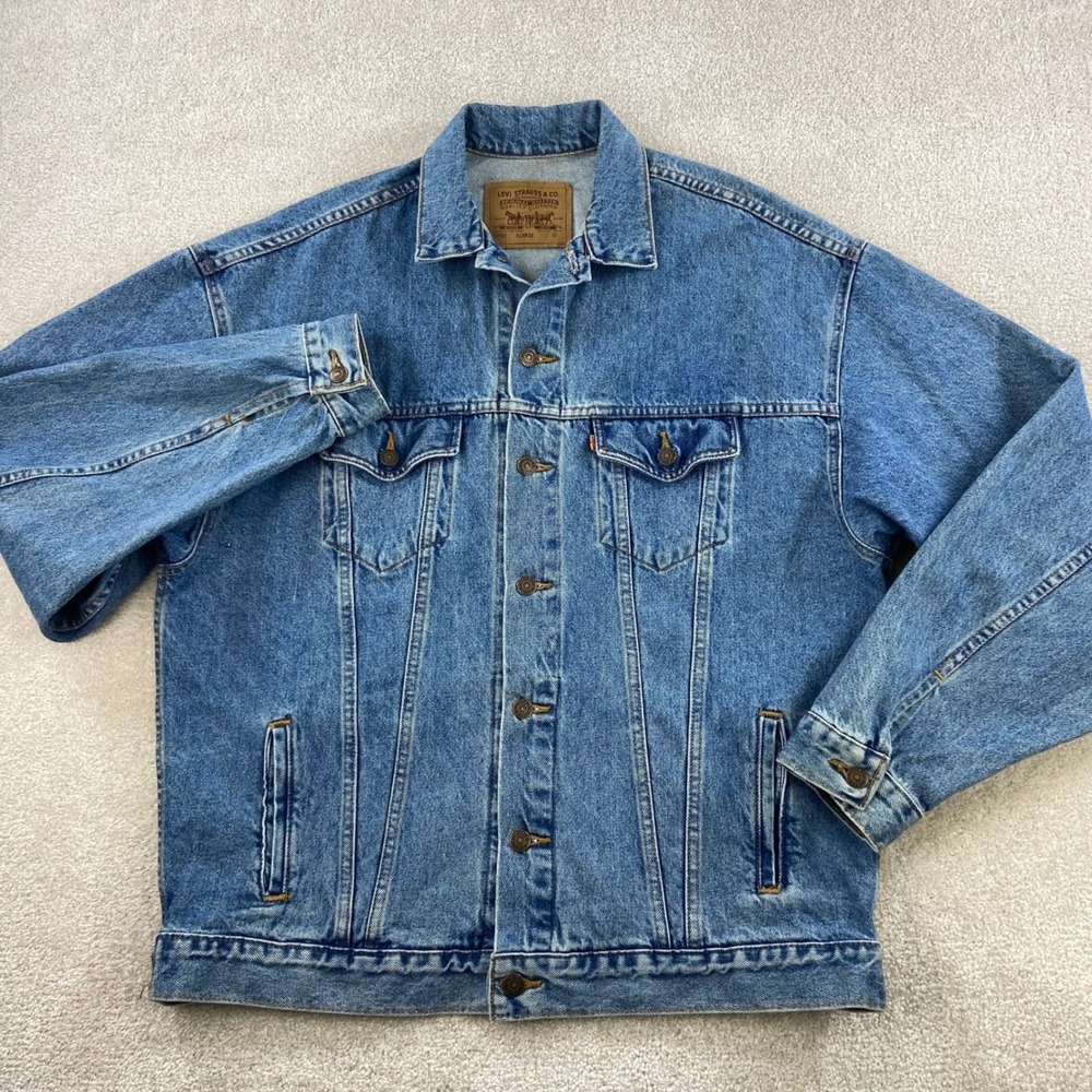 Vintage Orange Tab Levi's 57507 Denim Trucker Jacket Mens XL Blue Made in USA
